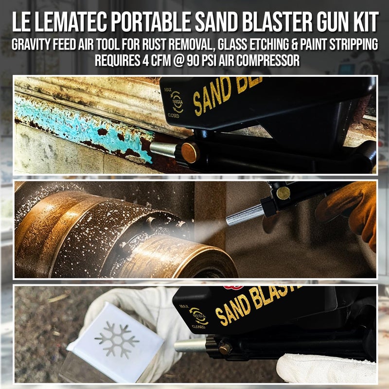 LE LEMATEC طقم مسدس الرمل المحمول | أداة هوائية بتغذية جاذبية لإزالة الصدأ، ونقش الزجاج، وإزالة الطلاء | يتطلب 4 CFM @ 90 PSI من ضاغط الهواء - فوهة الرمل الصلب - Image 2